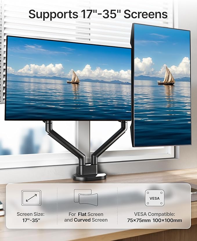 monTEK Dual Monitor Stand for 2 Screens 17 to 35 Inch, Heavy Duty Monitor Mount Arm, VESA Mount Desk Stand with C-Clamp/Grommet Base, Holds up to 24.3 lbs Per Arm, VESA 75/100mm, MA1010BK-D