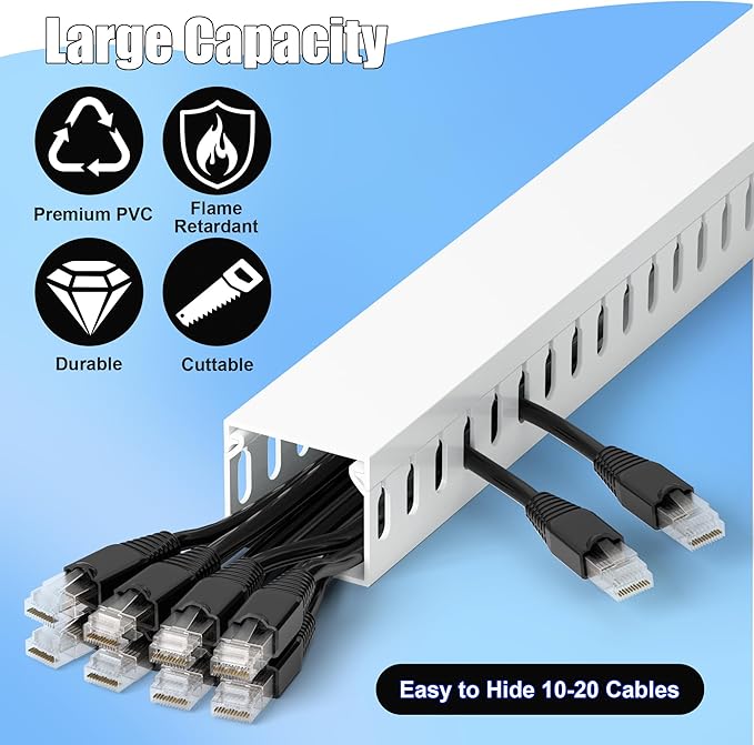 ZhiYo 66in(4X L16.5in) Professional Server Rack Cable Management Raceway, H1.4in x W1.6in Cable Raceway Kit, Electrically Safe PVC Open Slot Wire Raceway for Under Desk/Computer/Network Cords, White