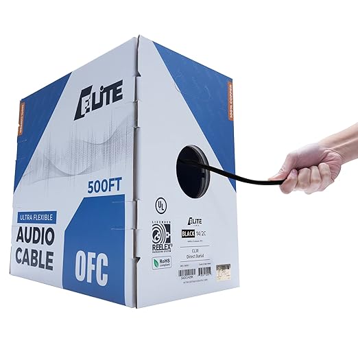Elite 14/2 Speaker Wire, 14AWG/2-Conductor, UL Listed, CMR/CL3R, (Riser/in-Wall & Outdoor/In-Ground (Direct Burial)- 100% Oxygen Free Pure Bare Copper (OFC), 500ft Bulk Cable (105 Strands) Black