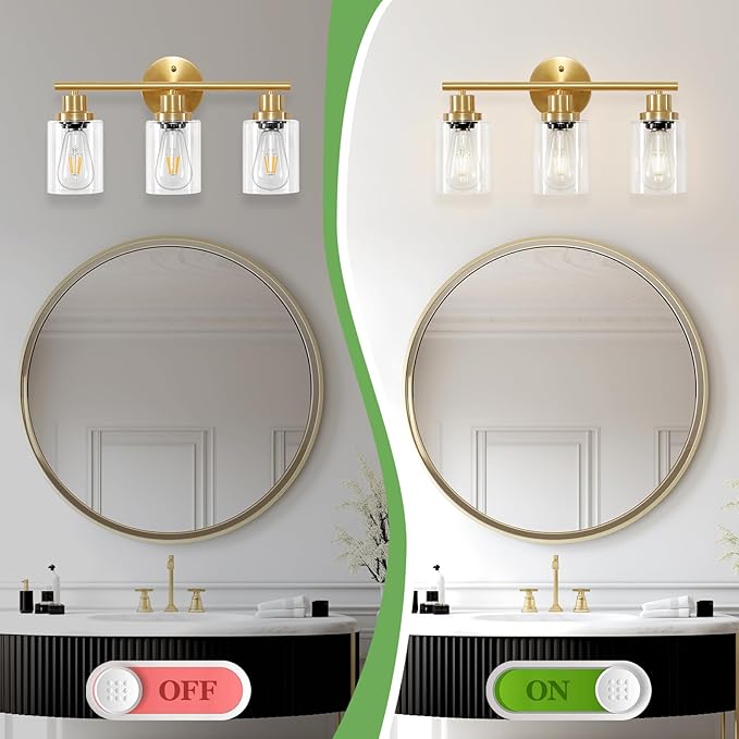 Guliaofo 3-Light Brushed Gold Vanity Lights, E26 Modern Bathroom Light Fixtures with Clear Glass Shade, Wall Lamps for Mirror Kitchen Hallway Cabinet Living Room Sconces Lights