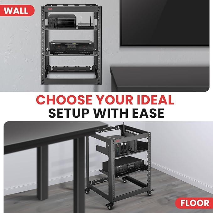 Pyle 15U Network Cabinet - Open Wall Mount Server Rack w/Heavy-Duty Wheels, Wall-Mountable, Steel Construction, Vented Shelves, Easy Access, 19" Equipment Compatible, 20 x 20 x 26 in (Black)