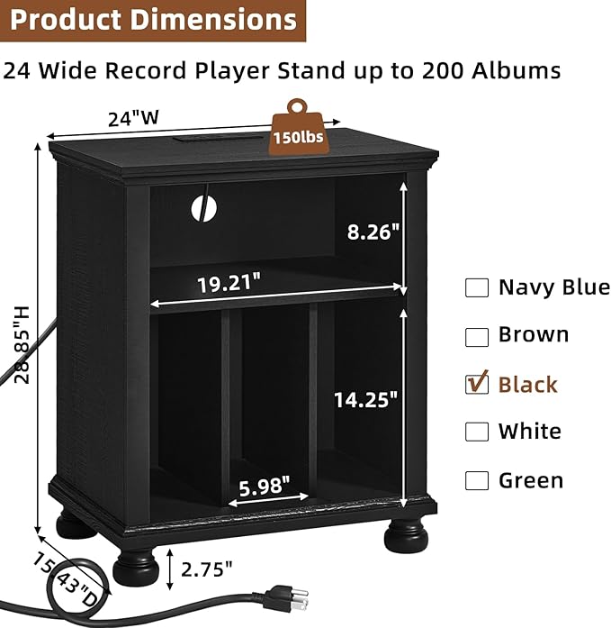 Joaxswe Record Player Stand with Charging Station Up to 200 Albums, 24" Wide Mid-Century Record Player Table with Vinyl Record Storage,Large Wood Turntable Stand Dispaly Cabinet for Living Room,Black
