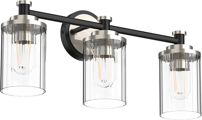 PHIXART Bathroom Lighting Fixtures Black and Brushed Nickel Bathroom Vanity Light with Cylindrical Clear Stripes Glass Lampshade E26 Socket Base Bathroom Lighting Fixtures Over Mirror (3 Lights)