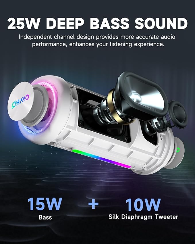 OHAYO Bluetooth Speaker, Portable Wireless, IPX7 Waterproof, Powerful 25W Sound, 24H Playtime, Dual Pairing, Active Bass, Colorful Lights, Bluetooth 5.3, Outdoor Speakers for Home/Party/Beach, White