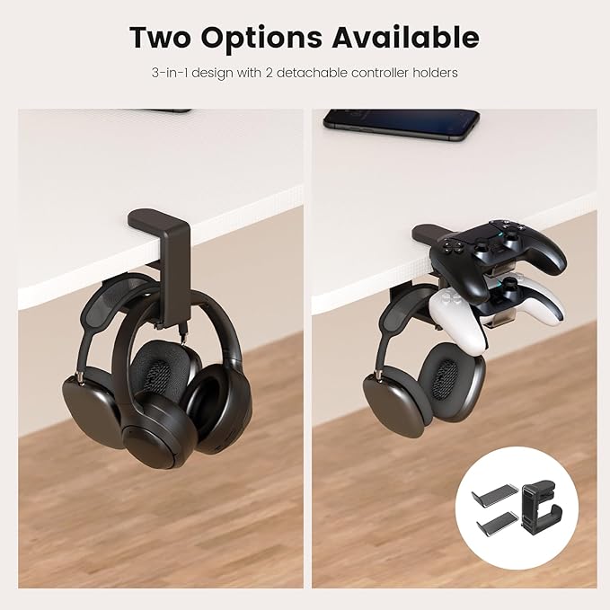 3in1 Rotating Headphone Holder - EURPMASK 3in1 PC Gaming Headset Holder w/Detachable Controller Holder, Adjustable Clamp-on Headset Stand,Headphone Hanger Hook Under Desk w/Cable Clip Organizer