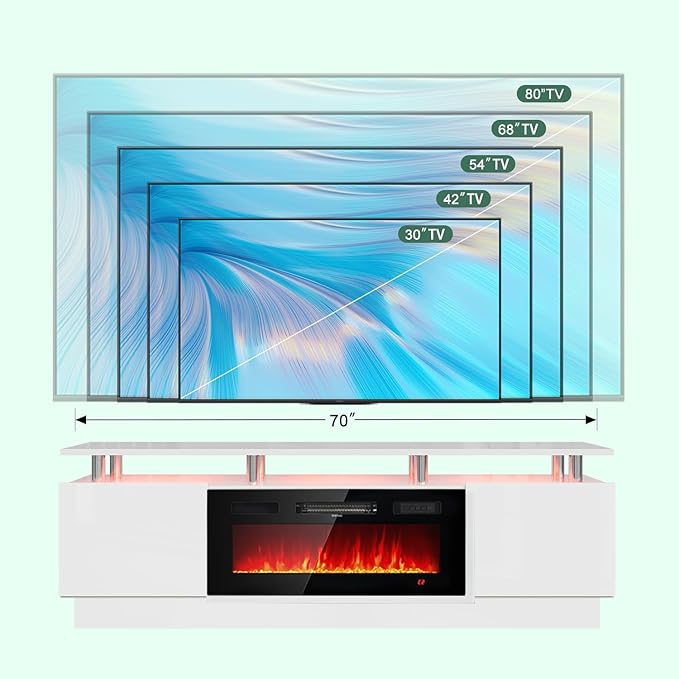 oneinmil Fireplace TV Stand with 36” Electric Fireplace, 80” 2 Tier TV Console Stand for TVs Up to 90"", LED Light Entertainment Center, Fireplace for The Living Room TV Stand, White, H21014WH-80