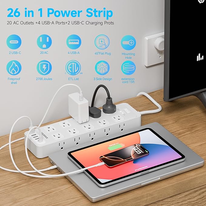 Solidock Power Strip Surge Protector Flat Plug with 20 AC Outlets 6 USB Chagring Ports, 1875W/15A, 2700J, 15 Ft Heavy Duty Extension Cord for Home, Office, Dorm, Gaming,ETL Listed (White, 15Feet)