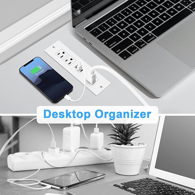 HEZI Recessed Power Strip, Furniture Drawer Outlet with 20W PD USB-C & 18W QC3.0 USB-A, Plug in 3 Outlets & USB Ports, Flush Mount 6FT White Extension Cord Conference Desk Outlets