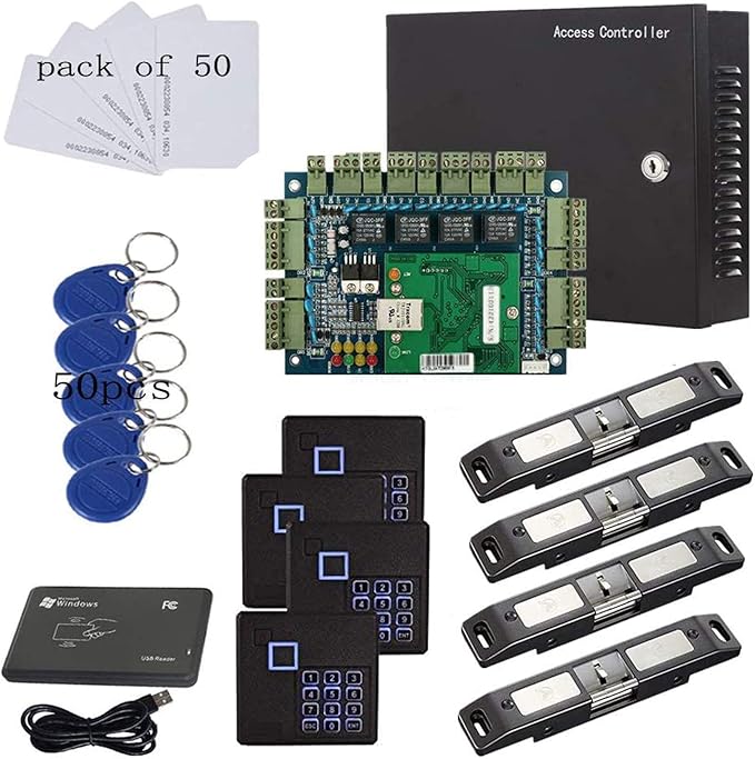 MENGQI-CONTROL TCP/IP Network 4 Door Smart Access Control Panel System Electric Strike Lock for Push Panic Bar Device Emergency Door, RFID Keypad Reader Enroll USB Reader 110V Power Supply Box