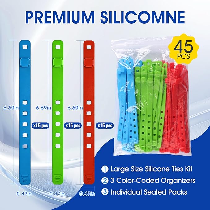 AROIC Reusable Silicone Cable Ties, 45Pcs Adjustable Travel Cord Organizer, Washable Cable Management with Adjustable Locking Buckle, Multicolor Elastic Cord Holder Organization Home Office Essentials