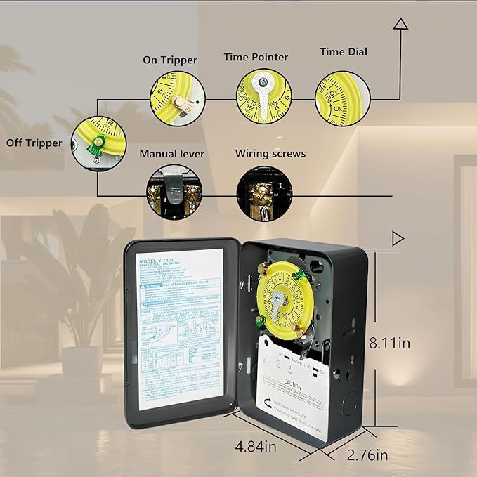 T101 Mechanical Time Switch,120 VAC 2HP 40A SPST,12 ON/Off 24 Hour Mechanical Time Switch,Heavy Duty, Manual Override,Indoor Metal Enclosure,for Lights, Pumps, Fans, and HVAC Systems