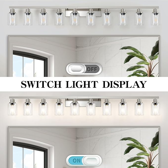 DIKAIDA Brushed Nickel Bathroom Vanity Light,10-Light Vanity Lights with Clear Glass,64.5in Modern Bathroom Wall Lights Fixtures Over Mirror,Wall Sconces Lighting for Bedroom Living Room,E26