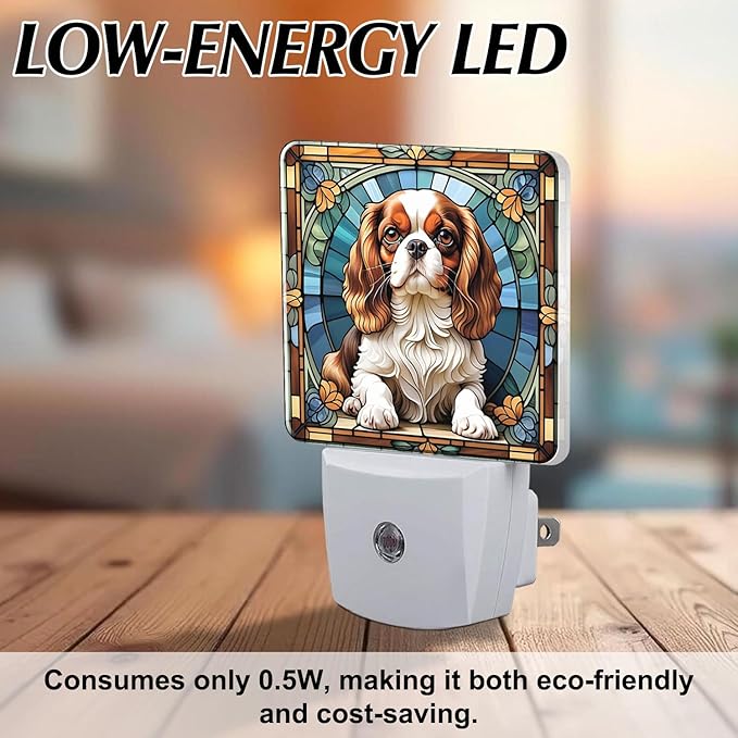 PODMemory Cavalier King Charles Spaniel Stained Glass Night Lights Plug into Wall for Room, Cavalier King Charles Spaniel Night Light LED for Bedroom