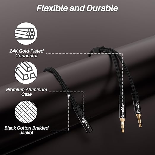 Kxable 1/8 Inch TRS Stereo Y Splitter Cable 3FT, 3.5mm Female to 2-Male Y-Splitter Stereo Audio Cable, for Cell Phone PC Laptop, Speaker, Headphones, Suitable for Switching or Two Sets of Speakers