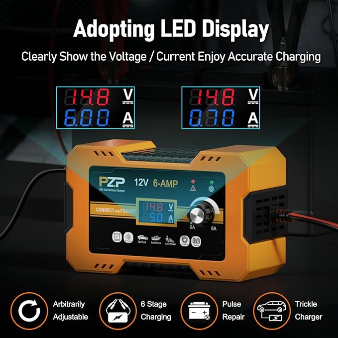 12V Automatic Car Battery Charger, 0-6A Arbitrarily Adjustable Smart Trickle Charger, Auto Desulfator with Battery Repair, Battery Maintainer with Winter Mode for AGM, Gel, Deep Cycle, Lead-Acid