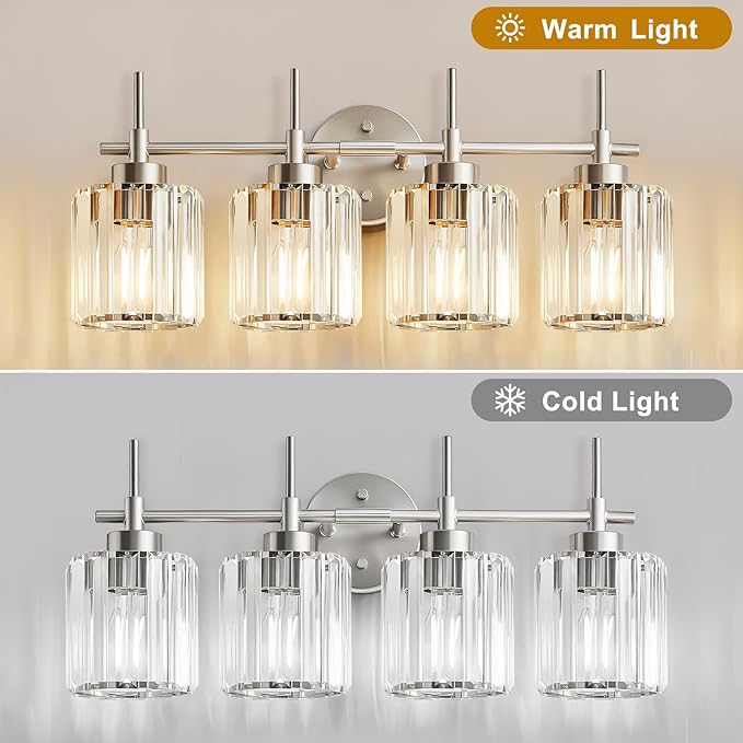 EJIAXIN Crystal Bathroom Vanity Lights, 4 Light Bath Mirror Light Brushed Nickel Round Crystal Wall Mount Light Fixture Over Mirror Morden for Living Room