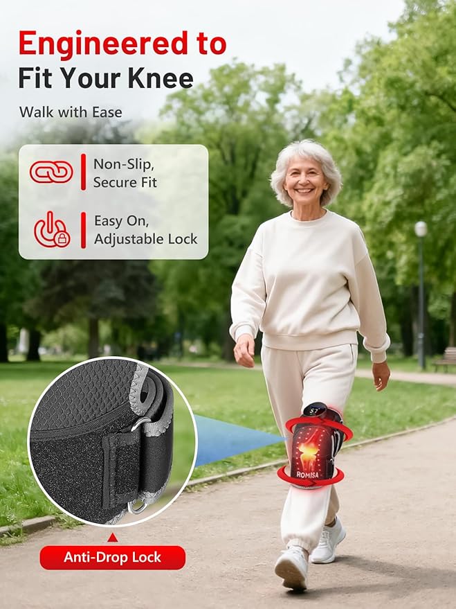 ROMISA Red Light Therapy Knee Brace with Heat & Massage, Cordless Rechargeable Controller, 20Min Auto Timer, 660nm & 850nm Near Infrared Light Therapy Device for Knee/Elbow/Shoulder, for Women Men.