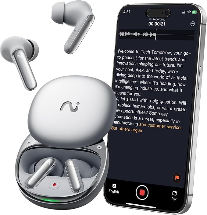 RecDot AI Voice Recorder Earbuds, viaim AI Meeting Assistant with Transcription, 78 Languages, FlashRecord, to-Do Lists & Summaries with viaim AI, 48dB ANC for Meetings, Interviews & Lectures, Sliver
