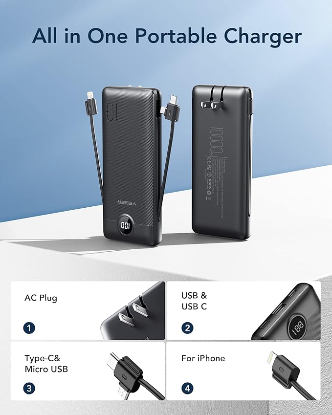 VEGER Portable Charger for iPhone Built in Cables and Wall Plug, 10000mah Slim Fast Charging USB C Power Bank, Travel Essential Battery Pack Compatible with iPhones, iPad, Samsung More Devices(Black)