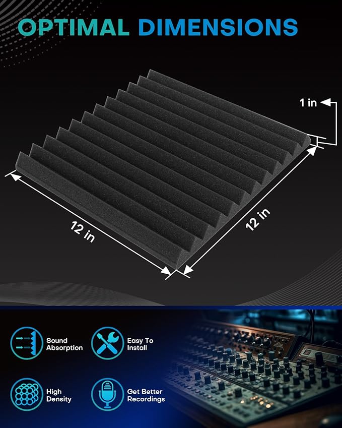 48 Pack Sound Proof Foam Panels for Walls with Self Adhesive, 12x12x1 Acoustic Foam Panels, High Density Acoustic Panels Sound Absorbing, Fire Resistant Studio Sound Proofing Black White