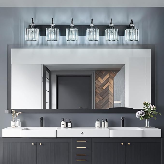 BBLLWJ Crystal Vanity Lights - Black, 6 Light Bathroom Vanity Light with Crystal Fixture, Modern Style for Bathroom Mirror