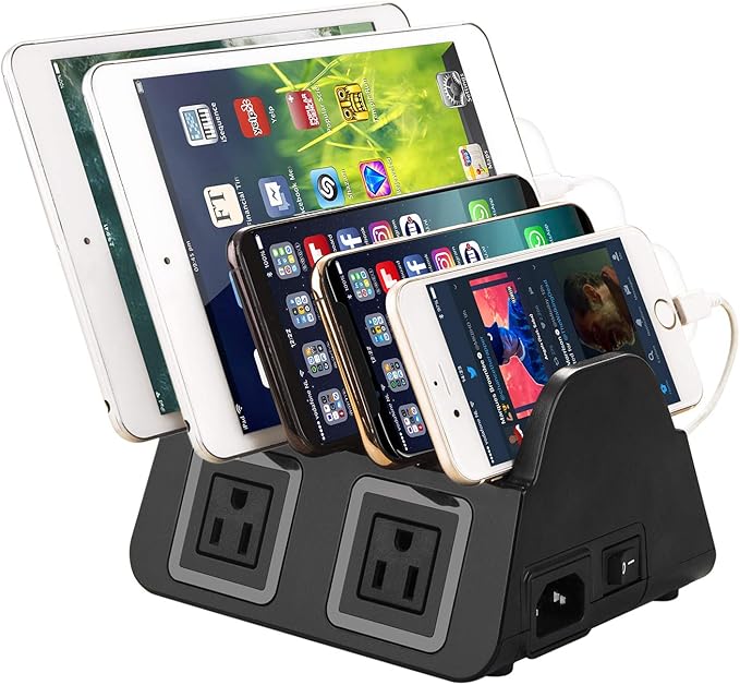 UDOLI 5 USB Ports Charging Station Organizer for Multiple Devices Fast Charging Desktop Stand for Apple Android Phone Tablet 1600W 2 AC Power Outlets Charger Dock for Home Office 3 Prong Cord Black