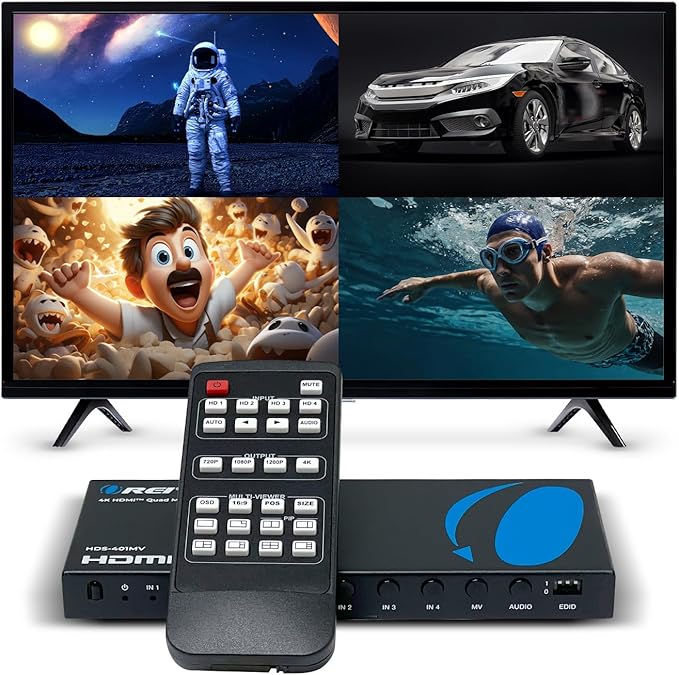 OREI Quad Multi HDMI Viewer 4 in 1 Out HDMI Switcher 4 Ports Seamless Switcher and IR Remote Support 4K @ 30Hz 1080P for PS4/PC/DVD/Security Camera, VGA Output - HDS-401MV