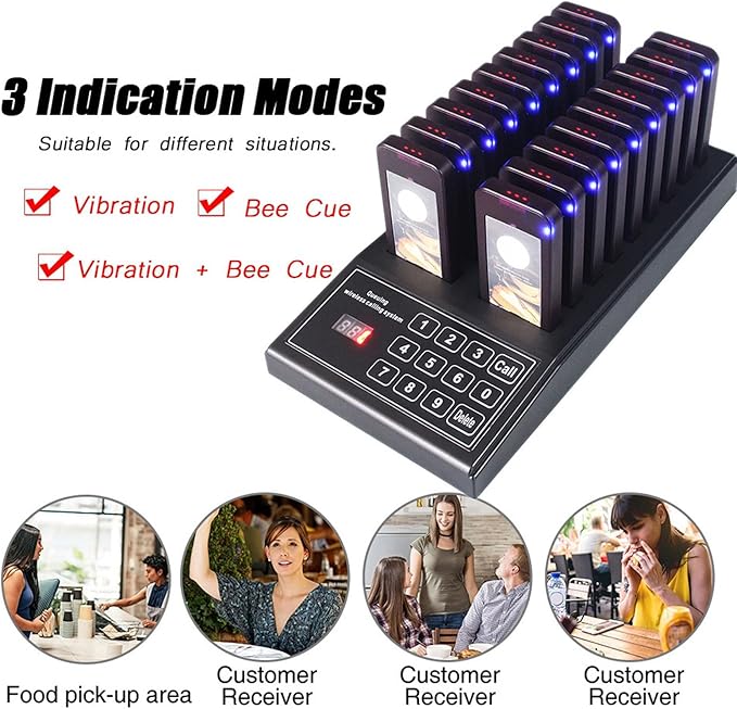 Luocute Wireless Calling System, 18 Receivers 1 Transmitter Channel 30-100m Range, with Vibration Sound Flashing Lights, for Restaurant Food Court Clinic Nursing Home (US Plug)