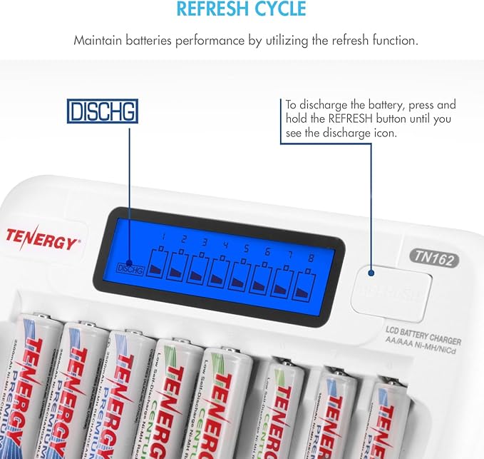 Tenergy TN162 8-Bay Smart LCD Battery Charger for Rechargeable AA/AAA NiMH/NiCd Batteries