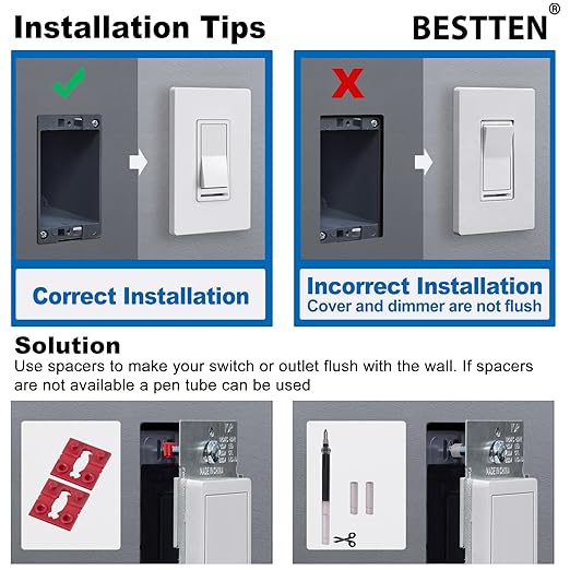 BESTTEN 10 Pack Dimmer Wall Light Switch, Compatible with Dimmable LED, CFL, Incandescent and Halogen Bulb, Single Pole or 3-Way Dimmer Switches, 120VAC, Decorator Wall Plate Included, Black