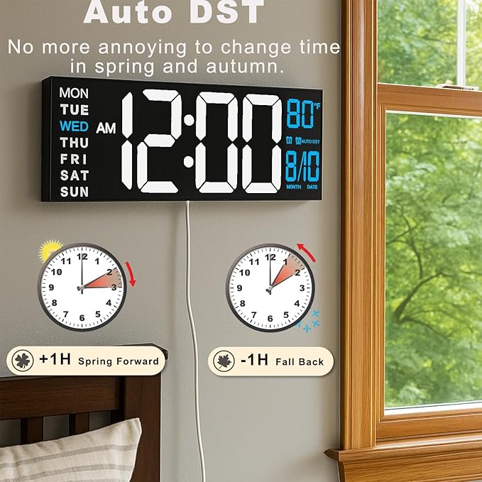 TrophyRak 16" Large Digital Wall Mount Clock, Count Down Timer, Alarm, Big LED, RGB Color, DST, Temperature for Living Room Classroom Desk, Wall, Xmas, Birthday Gift for Senior Mom Dad, White Blue