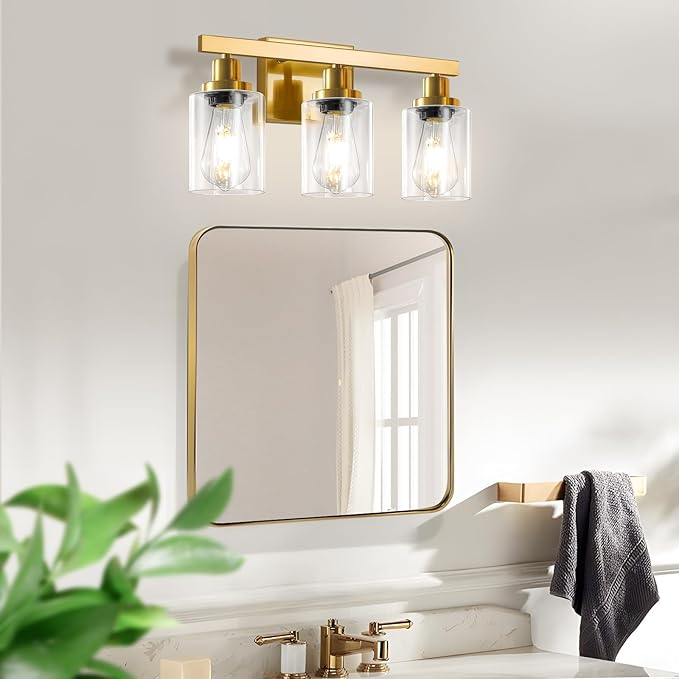 DIKAIDA 3 Light Gold Bathroom Light Fixtures, Bathroom Vanity Light Over Mirror, Gold Wall Sconce Vanity Lighting with Clear Glass Shade,Modern Farmhouse Bath Wall Lamp for Mirror Kitchen