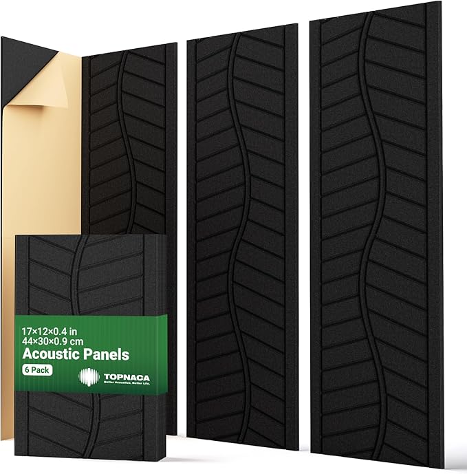 Topnaca 6 Pack Acoustic Panels Sound Absorbing for Home Office Walls, Black Decorative Self-Adhesive Leaf Textured Art Ceiling Tiles - Acoustical Treatments for Recording Studio Door 17"×12"×0.4"