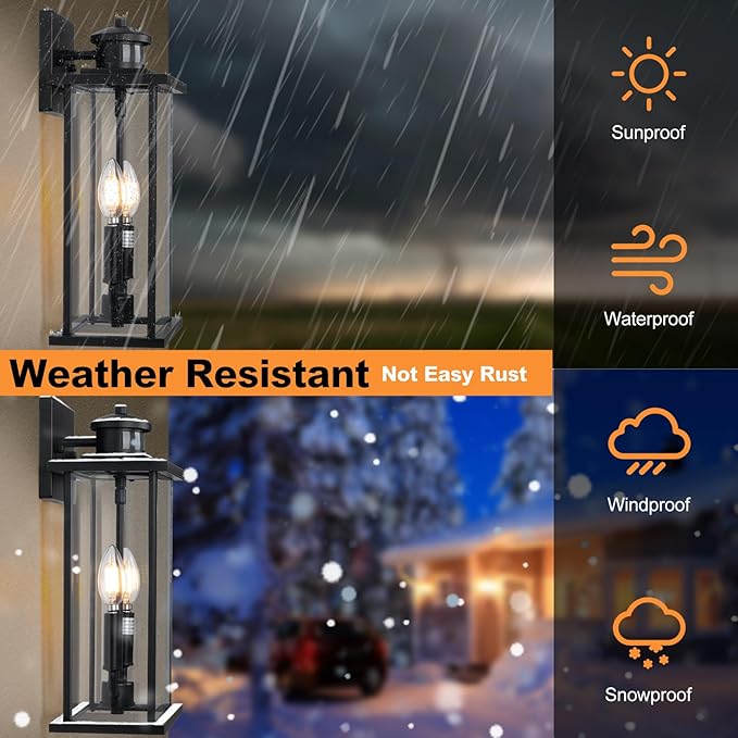 SIAFAVOI Large Motion Sensor Outdoor Sconce 2-Pack, 16" Black Dusk to Dawn Wall Light, Outdoor Wall Mount Fixtures, 2-Light Exterior Waterproof Wall Lights, Doorway, House Front Door, Patio, Garage