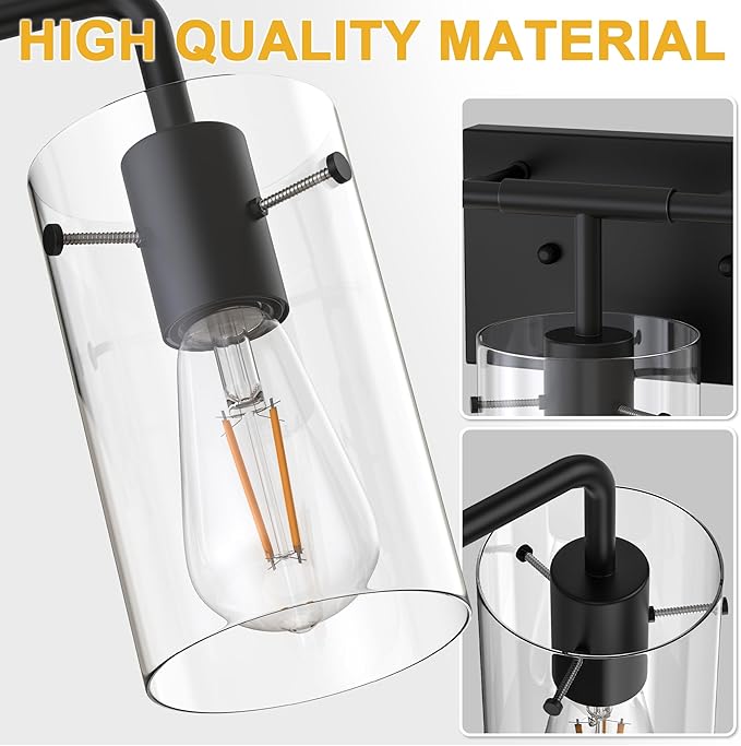 L LOHAS LED 3-Light Bathroom Light Fixtures, 17.71" Black Bathroom Vanity Light with Straight Glass Shades, Modern Vanity Lights for Bathroom Light Fixtures Over Mirror Living Room Hallway, E26, ETL
