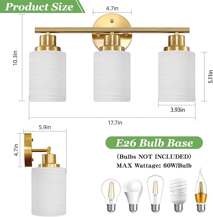 Guliaofo 3-Light Bathroom Light Fixtures, Vanity Lights for Mirror with Textured Milky White Glass Shade, Modern Kitchen Light Fixtures Wall Sconce Light - E26 Base - Brushed Gold