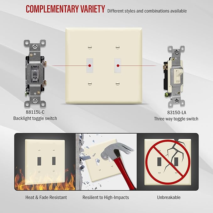 ENERLITES Toggle Light Switch Wall Plate, Gloss Finish, Midway Size 2-Gang 4.88" x 4.92", Unbreakable Polycarbonate Thermoplastic, UL Listed, 8812M-LA, Light Almond