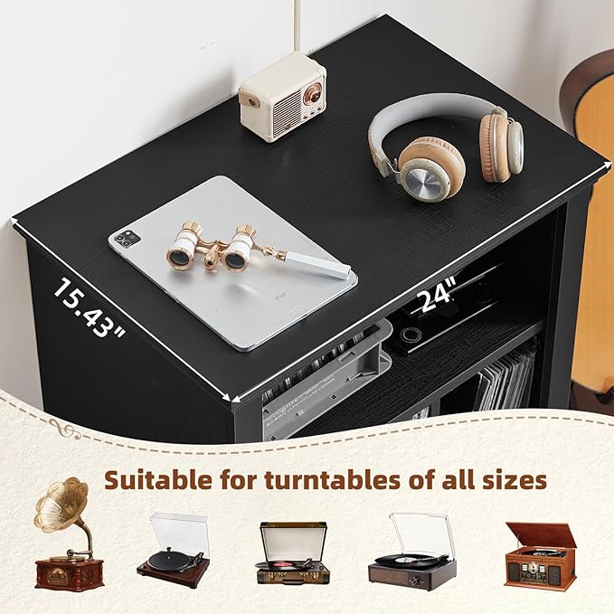 Joaxswe Record Player Stand with Vinyl Record Storage, 24" Wide Mid-Century Record Player Table Up to 200 Albums,Large Wood Turntable Stand Cabinet Dispaly Shelf for Living Room,Bedroom,Black
