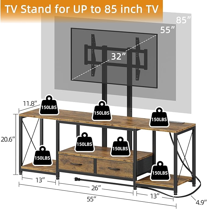 GYIIYUO LED TV Stand with Mount and Power Outlet & Fabric Drawers for 32-85 Inches TV - Entertainment Center and Corner Tv Stand for Living Room, Bedroom- 55" Rustic Brown (MAX VESA 600mm × 400mm)