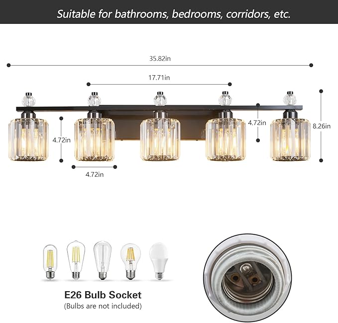 FDPBY Bathroom Vanity Lights 5-Light Plating Black Modern Crystal Vanity Light Fixtures Over Mirror Crystal Bathroom Vanity Lighting Fixtures