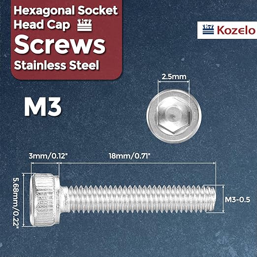 Kozelo 100pcs Socket Head Cap Screws - [M3-0.5 x 18mm] 304 Stainless Steel Allen Socket Drive for Electrical Motor 3D Printing Fan Engine Replacement Use, Silver