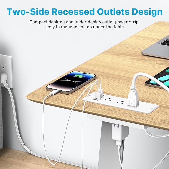 CCCEI 6 Outlets Dual Side Recessed Power Strip with USB C Ports, Furniture Flush Mount, Under Desk, Desk Top Multiple Outlets, Hidden Charging Station for Conference Table, Nightstand, White. 10FT.
