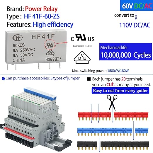 Electromechanical Relay Miniature Power Relay 110V/ 120V AC/DC HF41F/60-ZS 1NO 1NC 6A SPDT with LED Indicator, Socket Base, DIN Rail Slotted 3Pcs UL Certification