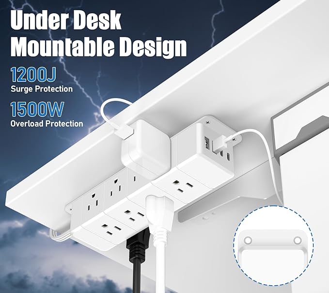 45W USB-C Fast Charging Under Desk Power Strip,12 Outlet Mountable Power Strip with 4 USB,1200J Surge Protection,6FT Flat Extension Cord