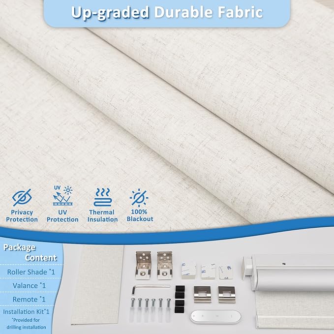 MANSNIX Smart Motorized Blinds with Remote, Cordless No-Drill Automatic Roller Shades, Blackout Electric Blind for Windows, Linen Stone, 46 x 72