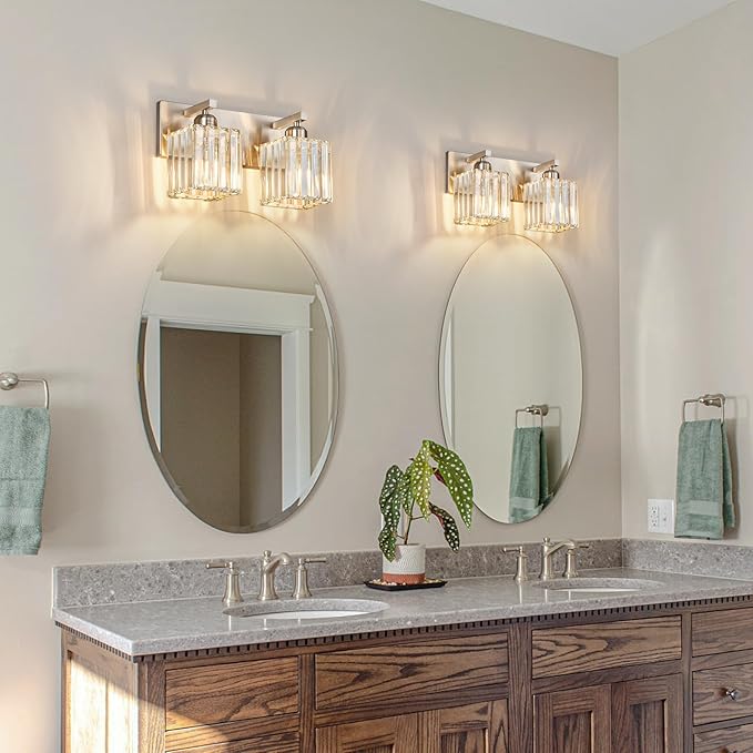 FDPBY Modern Vanity Light 2-Lights Brushed Nickel Vanity Light Crystal Bathroom Wall Light Bathroom Light Fixtures