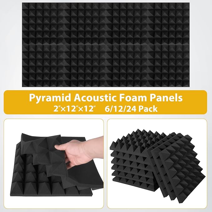Saiqiang 24 Pack Sound Proof Foam Panels for Walls, 2"X 12" X 12" Pyramid Designed Acoustic Foam Panels Sound Absorbing, Noise Cancelling Dampening Wall Panels for Studio Recording & Office & Home
