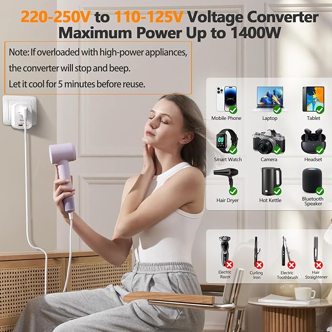 Shayangyoung Voltage Converter US to Europe, 220V to 110V Converter for European Travel, Universal Travel Adapter with 20W PD, 2 Type-C Port 2 USB-A, Power Plug Combo for Germany Italy - White-Z