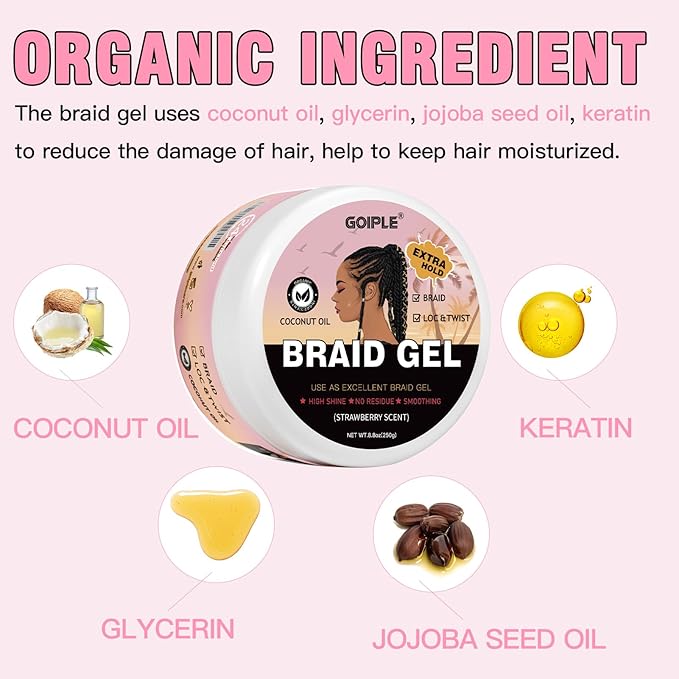 Braid Gel Good for Twist, Locs, Braids, Edge No Flake Extra Hold High Shine Braiding Gel & Edge Control, Loc Gel Long Lasting for Locks, Cornrows Smooths & Tames Frizz 8.8oz (Strawberry Flover) | Good for Twist, Locs, Braids, Edge, No Flake, High Shine