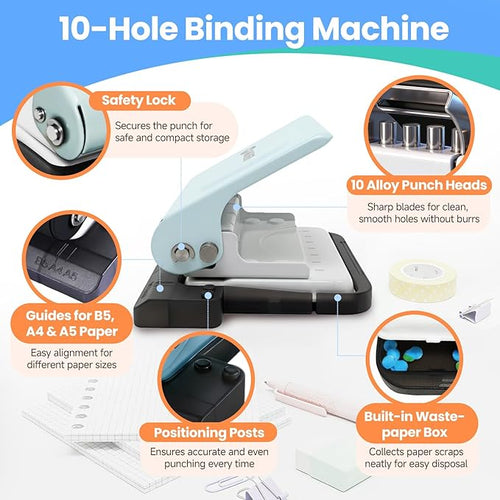 10-Hole Binding Machine for Planners,Metal Punch Loose Leaf Tool 26 Holes for B5, 30 for A4, 20 for A5 Paper,Handheld Manual Book Binder,Notebook Puncher for Home, Office, School, DIY Projects